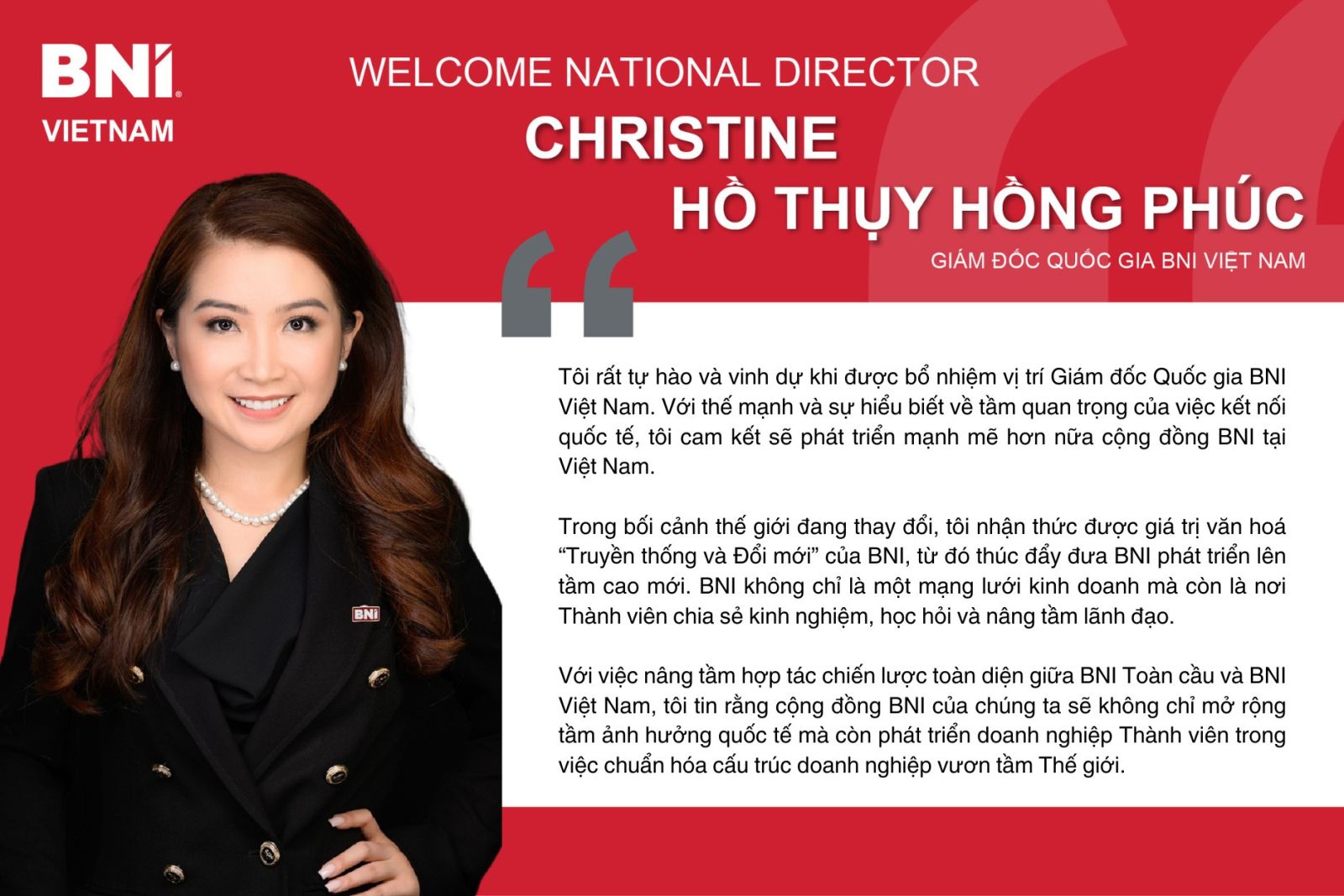 Bà Christine Hồ Thuỵ Hồng Phúc đảm nhận vị trí Giám Đốc Quốc gia BNI Việt Nam