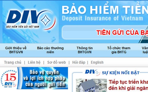 Một góc trang web của Bảo hiểm Tiền gửi Việt Nam