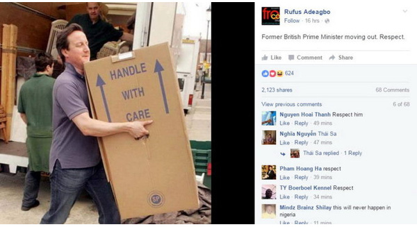 Hình ảnh ông David Cameron dọn đồ được chia sẻ trên mạng xã hội - Ảnh: FB