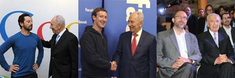 Peres gặp gỡ các nhà sáng lập Sergey Brin của Google (trái), Mark Zuckerberg của Facebook (giữa) và Jimmy Wales của Wikipedia (phải). Ảnh: tổng hợp