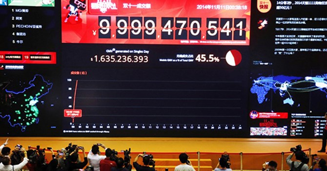 Bảng hiển thị số lượng giao dịch của Alibaba trong ngày 11/11/2014 tại trụ sở Tập đoàn.