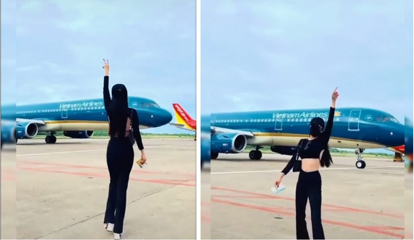 Cô gái nhảy múa gần máy bay đang lăn vào sân đậu bị Cục Hàng không cấm bay 6 tháng vì hành vi này thuộc nhóm hành vi gây rối - Ảnh cắt từ clip
