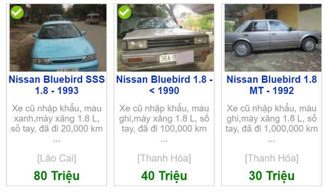 Nissan Bluebird cũ chỉ được rao bán với giá vài chục triệu đồng.