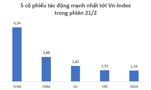 5 cổ phiếu VHM, VNM, VIC, VRE, MSN đóng góp gần 14 điểm trong tổng cộng 17 điểm của Vn-Index trong phiên 21/2