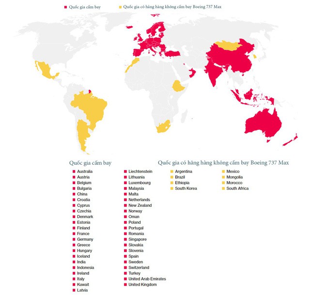 Bản đồ những nước cấm bay Boeing 737 Max và những quốc gia có hãng hàng không ngừng bay dòng phi cơ này.