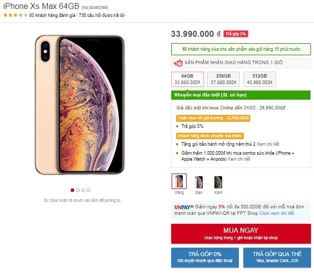 Khách hàng đặt iPhone Xs Max 64GB rồi qua gian hàng của FPT Shop lấy sẽ được giảm 4.000.000 VNĐ, khách mua trả góp lãi suất 0% không có ưu đãi này.