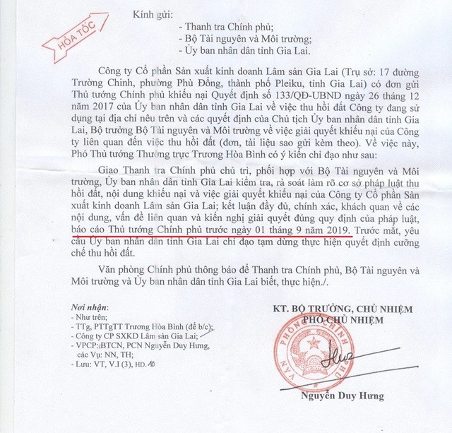 Văn bản chỉ đạo của Văn phòng Chính phủ về vụ việc. Ảnh Nam Phong