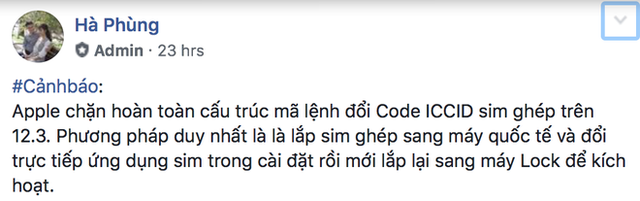 Admin của nhóm Cộng Đồng iPhone Lock Việt Nam cảnh báo về tình trạng của SIM ghép trên iOS 12.3