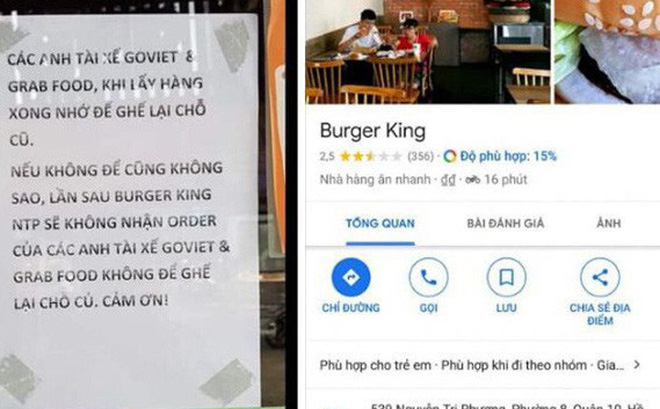 Mẩu thông báo bị cho là kỳ thị giới tài xế công nghệ của một cửa hàng Burger King trên đường Nguyễn Tri Phương (Q10, TP.HCM).