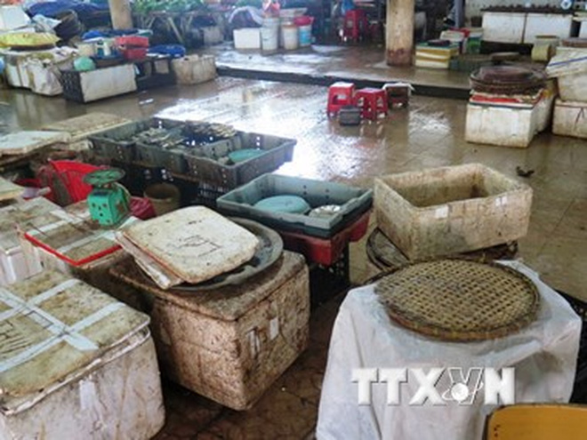 Nhiều tiểu thương bán cá biển tại chợ Hà Tĩnh đóng quầy vì người tiêu dùng quay lưng. (Ảnh: Phan Quân/TTXVN)