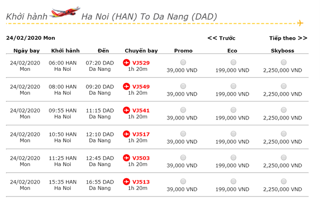 Hành trình Hà Nội- Đà Nẵng trên chuyến bay Vietjet có giá thấp nhấp là 39.000 đồng/vé/chiều chưa bao gồm thuế, phí.