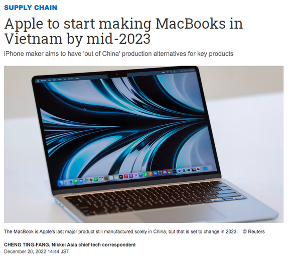 Nikkei Asia chạy dòng tít: "Apple sẽ bắt đầu sản xuất MacBook tại Việt Nam vào giữa năm 2023" - Ảnh chụp màn hình