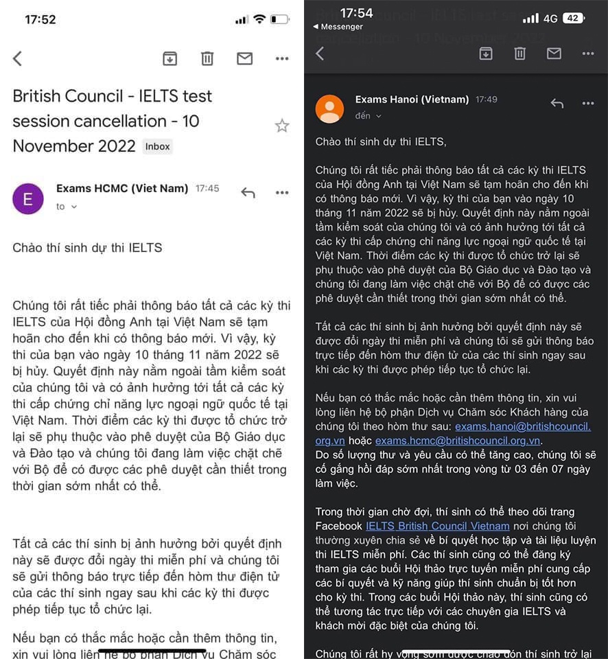 Email thông báo hủy thi ngày 10.11 từ Hội đồng Anh chi nhánh tại TP.HCM và Hà Nội gửi đến các thí sinh vào tối ngày 9.11  CHỤP MÀN HÌNH