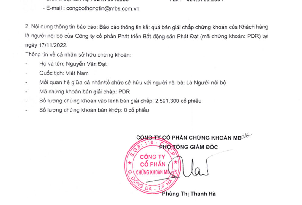 Chủ tịch Nguyễn Văn Đạt ngày 17/11 tiếp tục bị bán giải chấp cổ phiếu PDR. (Nguồn: HoSE)