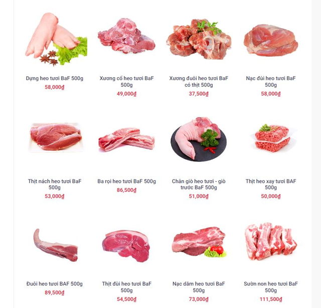 Giá một số sản phẩm BaF Meat trên website cửa hàng Siba Food.