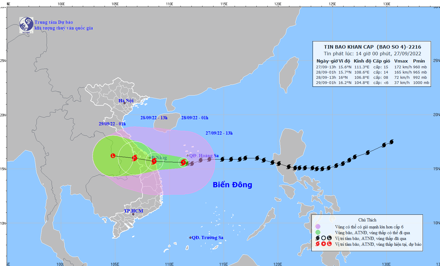 Vị trí và đường đi của tâm bão Noru (bão số 4)  TRUNG TÂM KHÍ TƯỢNG THỦY VĂN QUỐC GIA